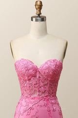Homecoming Dresses Fashion Outfits, Strapless Hot Pink Lace Mermaid Long Prom Dress