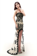 Party Dresses With Boots, Strapless Lace Appliqued Chiffon Asymmetrical Prom Dresses