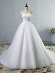 Wedding Dress For Sale, Strapless Lace Appliques Ball Gown Wedding Dresses Sleeveless Bridal Gowns with Sweep Train
