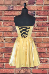 Evening Dresses For Party, Strapless Lace-Up Yellow Satin Homecoming Dress,Short Cocktail Dresses