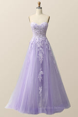 Prom Dresses Gold, Strapless Lavender and White Floral Embroidered Formal Dress