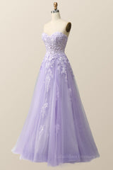 Dress, Strapless Lavender and White Floral Embroidered Formal Dress