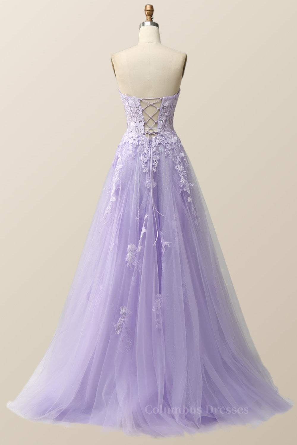 Prom Dress Yellow, Strapless Lavender and White Floral Embroidered Formal Dress