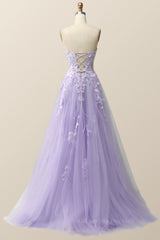 Prom Dress Yellow, Strapless Lavender and White Floral Embroidered Formal Dress