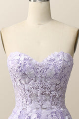 Prom Dresses Green Emerald, Strapless Lavender and White Floral Embroidered Formal Dress