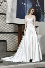 Wedding Dress Cheaper, Strapless Off shoulder Appliques Sequins Satin Wedding Dresses