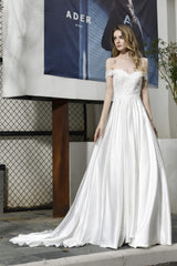 Wedding Dress Cheap, Strapless Off shoulder Appliques Sequins Satin Wedding Dresses