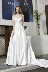 Wedding Dresses Online Shopping, Strapless Off shoulder Appliques Sequins Satin Wedding Dresses
