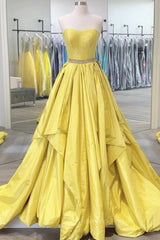 Bridesmaids Dresses Strapless, Strapless Open Back Fluffy Yellow Satin Long Prom Dress, Layered Yellow Formal Evening Dress