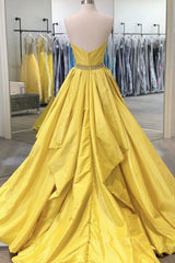 Garden Wedding, Strapless Open Back Fluffy Yellow Satin Long Prom Dress, Layered Yellow Formal Evening Dress