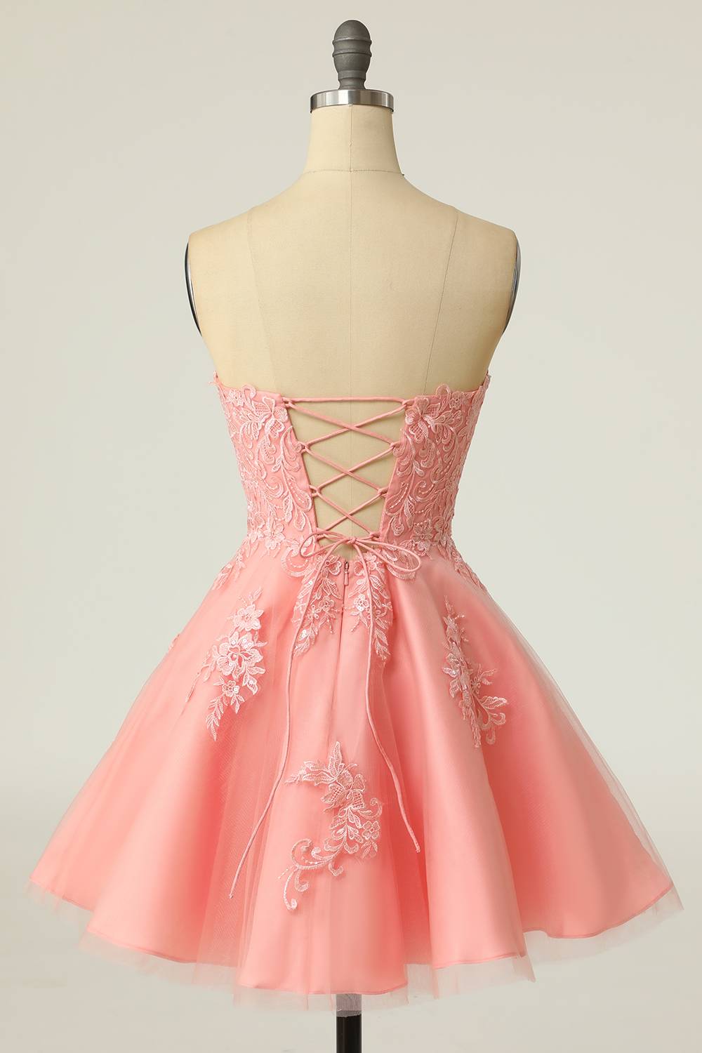 Evening Dresses For Over 46, Strapless Pink Lace Appliues A-Line Short Party Dress