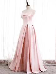 Party Dress Long Sleeve, Strapless Pink Satin Prom Dresses, Pink Satin Long Formal Evening Dresses