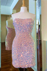 Evening Dress Modest, Strapless Pink Sequined Bodycon Homecoming Dress