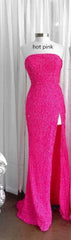 Bridesmaid Dresses 2030, Strapless Pink Sequins Prom Dress with Slit,Sparkly White Night Dresses Party Event