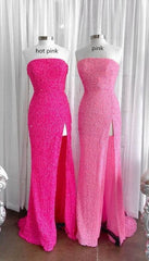 Evening Dresses Velvet, Strapless Pink Sequins Prom Dress with Slit