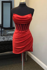 Quinceanera Dress, Strapless Pleated Red Satin Homecoming Dress Bodycon Dresses
