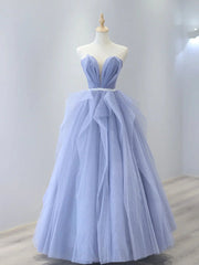 Bridesmaid Dresses Neutral, Strapless Purple Tulle Long Prom Dresses, A-Line Purple Long Formal Evening Dress