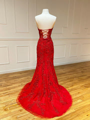Bridesmaides Dresses Fall, Strapless Red Lace Mermaid Long Prom Dresses, Red Mermaid Long Lace Formal Evening Dresses