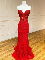 Bridesmaids Dresses Near Me, Strapless Red Lace Mermaid Long Prom Dresses, Red Mermaid Long Lace Formal Evening Dresses