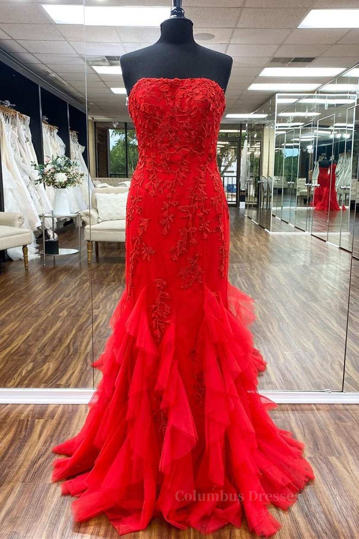 Prom Dresses For Black, Strapless Red Mermaid Lace Prom Dresses, Red Mermaid Lace Formal Evening Dresses
