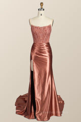 Prom Dress For Girl, Strapless Rose Gold Satin and Lace Trumpet Formal Gown