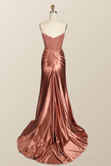 Prom Dresses For Girls, Strapless Rose Gold Satin and Lace Trumpet Formal Gown