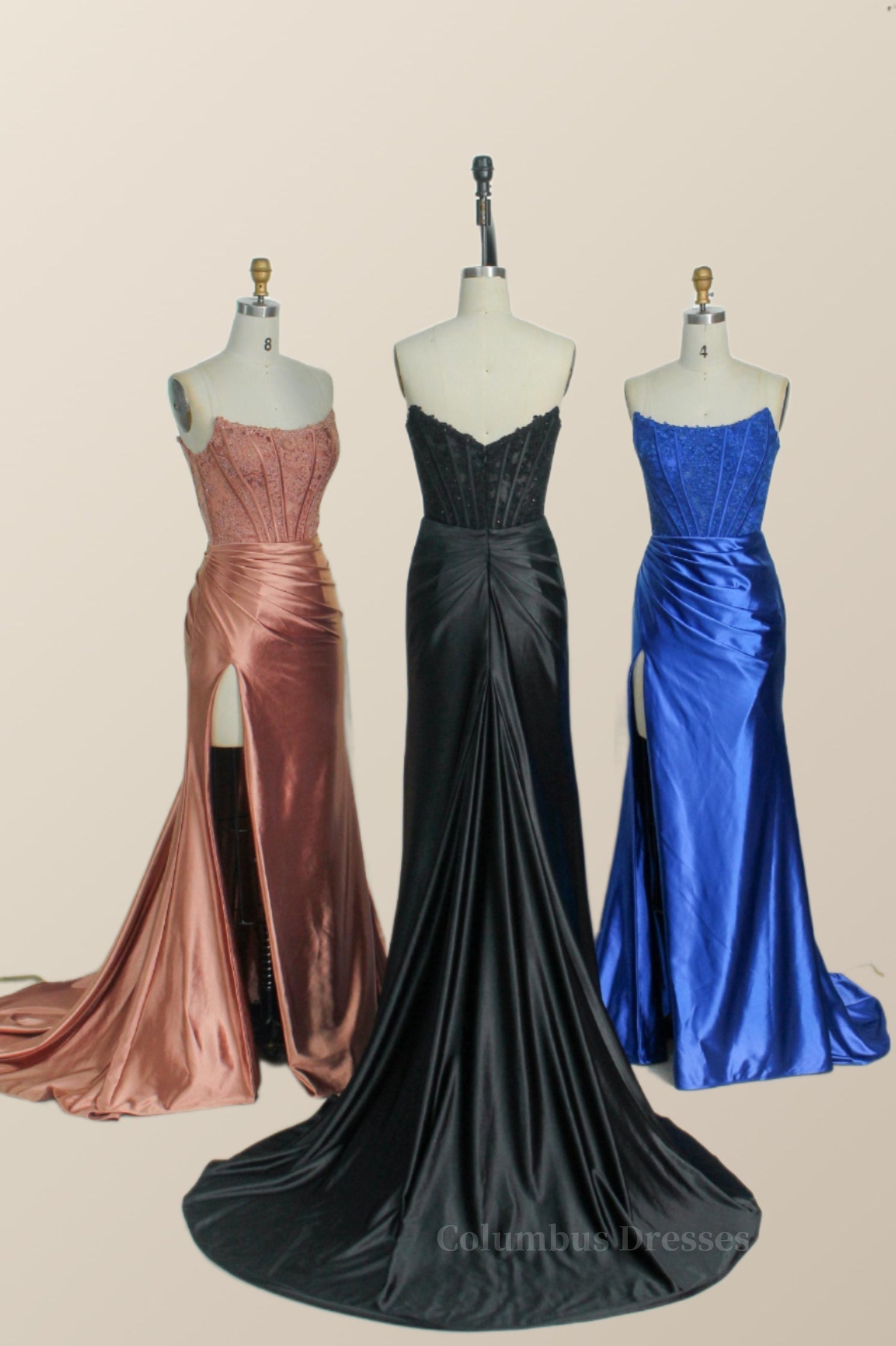 Prom Dresses For Girl, Strapless Rose Gold Satin and Lace Trumpet Formal Gown