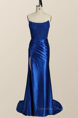 Prom Dress Stores, Strapless Rose Gold Satin and Lace Trumpet Formal Gown