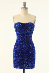 Prom Dresses Long Sleeves, Strapless Royal Blue Sequin Bodycon Mini Dress