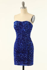 Prom Dress Elegent, Strapless Royal Blue Sequin Bodycon Mini Dress