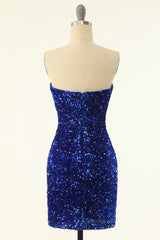 Prom Dresses Elegent, Strapless Royal Blue Sequin Bodycon Mini Dress