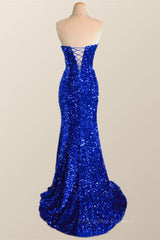 Bridesmaids Dresses Orange, Strapless Royal Blue Velvet Sequin Mermaid Party Dress