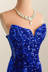 Bridesmaid Dress Orange, Strapless Royal Blue Velvet Sequin Mermaid Party Dress