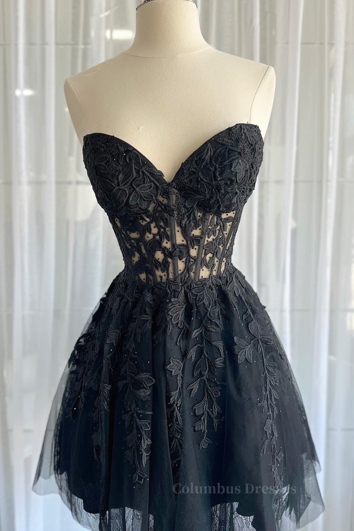 Bridesmaid Dresses Custom, Strapless Short Black Lace Prom Dresses, Short Black Lace Formal Homecoming Dresses
