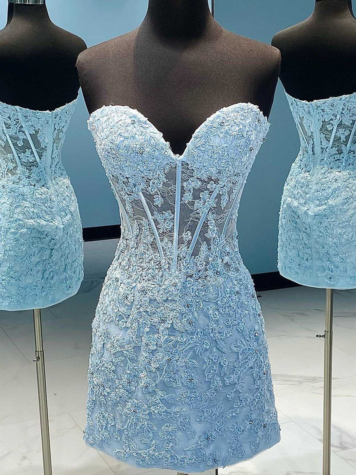 Dream Wedding, Strapless Short Blue Lace Prom Dresses, Short Blue Lace Formal Homecoming Dresses