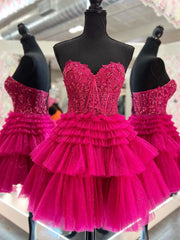 Purple Dress, Strapless Short Fuchsia Black Pink Lace Prom Dresses, Short Lace Formal Homecoming Dresses