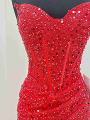 Reception Dress, Strapless Short Red Prom Dresses, Shiny Short Red Formal Homecoming Dresses