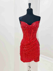 Wedding Guest Outfit, Strapless Short Red Prom Dresses, Shiny Short Red Formal Homecoming Dresses