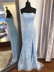 Party Dresses 2024, Strapless Sky Blue Lace Mermaid Long Prom Dresses, Blue Lace Mermaid Formal Graduation Dresses
