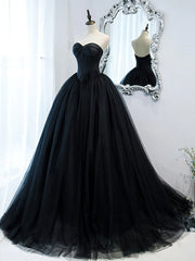 Bridesmaid Dresses Trends, Strapless Sweetheart Neck Black Tulle Prom Dresses, Black Tulle Formal Gowns