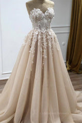 Elegant Dress, Strapless Sweetheart Neck Champagne Lace Appliques Long Prom Dress, Champagne Lace Floral Formal Evening Dress