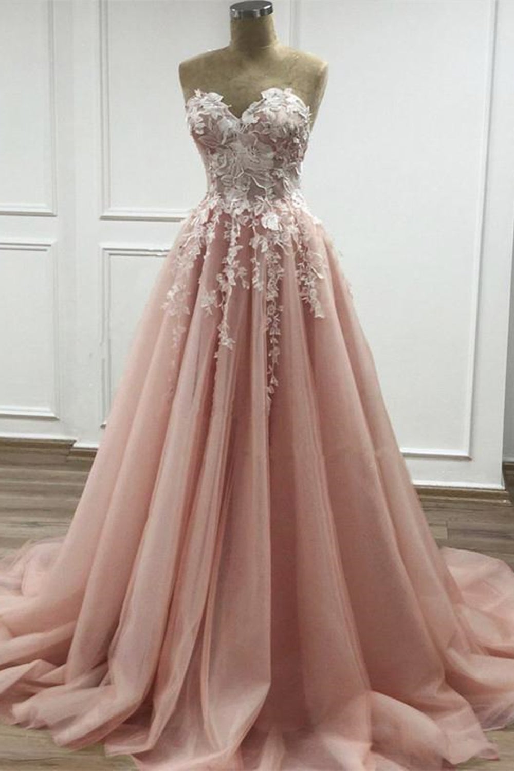 Homecoming Dress Simple, Strapless Sweetheart Neck Pink Lace Appliques Long Prom Dress,Floral Formal Dress,Fashion Evening Dresses