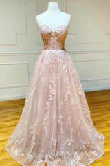 Bridesmaid Dresses With Lace, Strapless Sweetheart Neck Pink Lace Long Prom Dress, Pink Lace Formal Graduation Evening Dress
