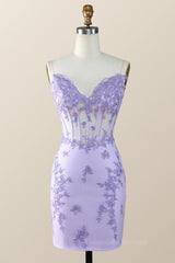 Party Dress Red Colour, Strapless V Neck Lavender Embroidered Bodycon Mini Dress