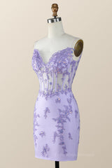 Party Dress Bling, Strapless V Neck Lavender Embroidered Bodycon Mini Dress