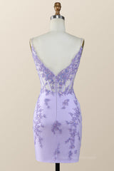 Party Dress Over 79, Strapless V Neck Lavender Embroidered Bodycon Mini Dress