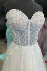Women Dress, Strapless White Lace Corset Long Formal Dress with Rhinestones