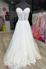Short Dress Style, Strapless White Lace Corset Long Formal Dress with Rhinestones