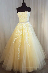 Prom Dresses 2061 Short, Strapless Yellow Lace Long Prom Dress, Yellow Lace Formal Graduation Evening Dress, Yellow Ball Gown