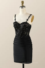 Classy Dress Outfit, Straps Black Appliques Bodycon Mini Dress